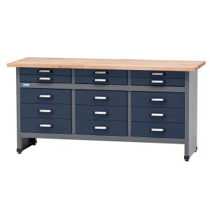 Küpper Werkbank mit 15 Schubladen, dunkelblau, mit Buchenholzplatte. Ideal für Werkstatt & Hobby.