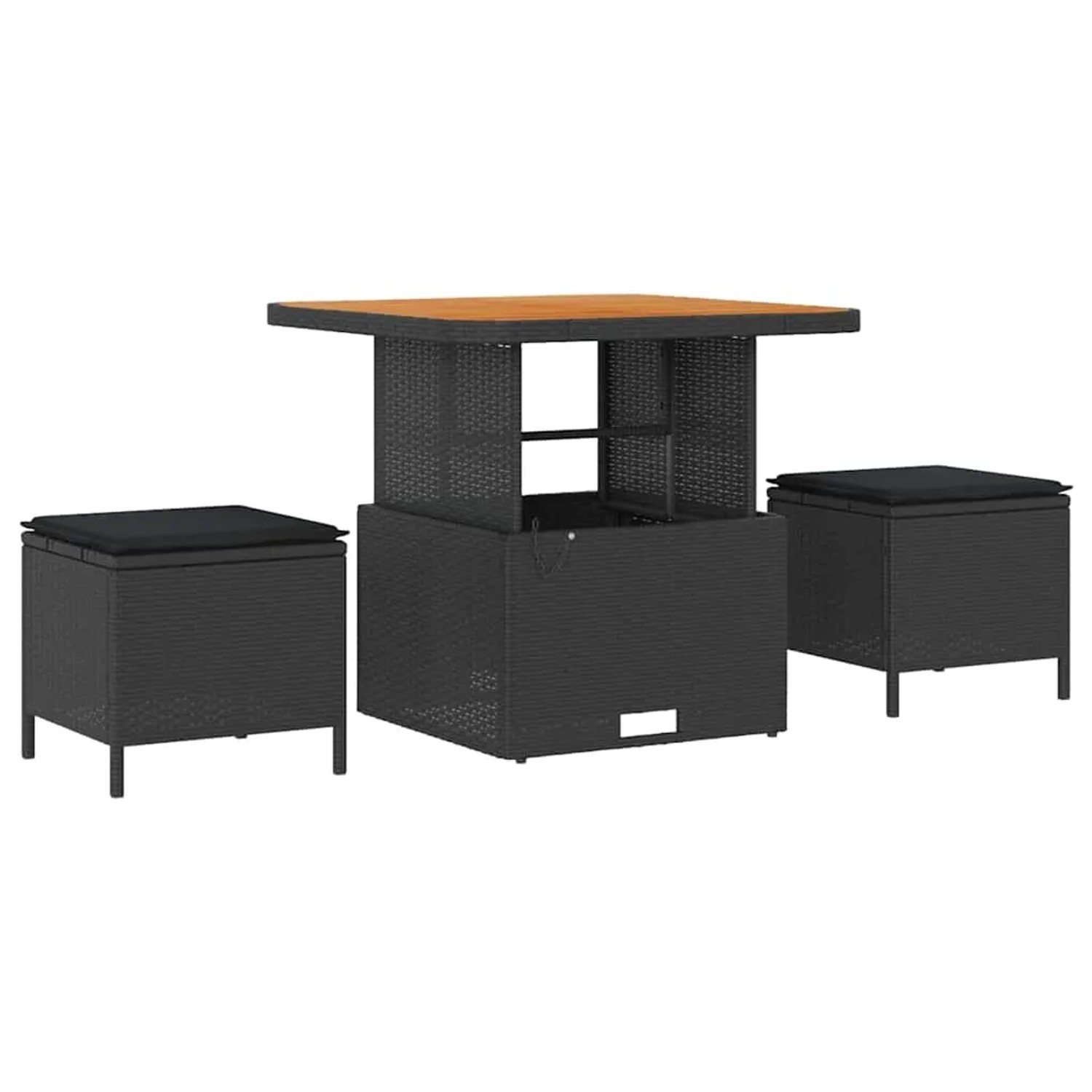 Schwarzes 9-teiliges vidaXL Garten-Sofa-Set aus Poly Rattan mit Tisch und Hockern.
