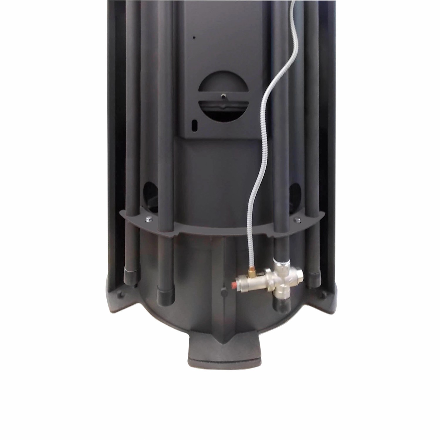 Detailansicht Rückseite Justus Kaminofen Island Aqua Schwarz 10 kW mit Sandsteinverkleidung.