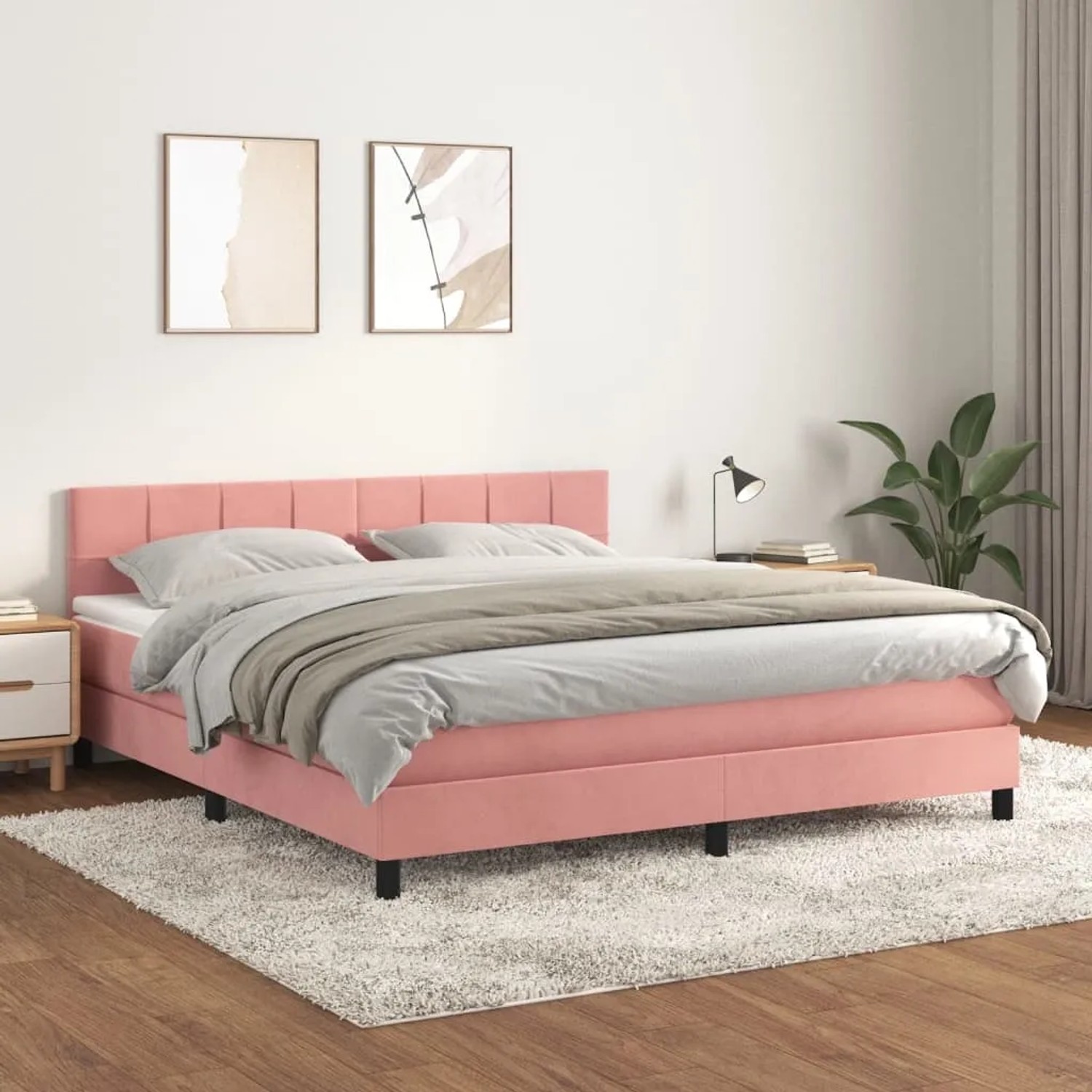 Rosa vidaXL Boxspringbett (160x200 cm) mit Samtbezug, inklusive Matratze und Topper.