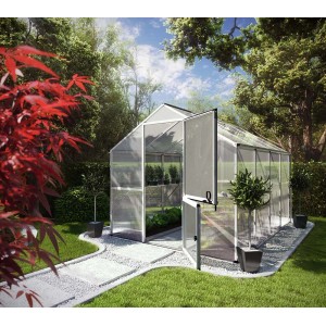 KGT Gewächshaus 6,81 m² mit geöffneter Tür im Garten.