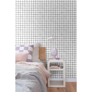 ESTAhome Tapete mit Karomuster in Schwarz-Weiß im Schlafzimmer.