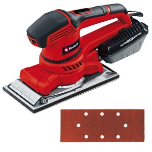 Einhell TE-OS 2520 E Schwingschleifer in Rot/Schwarz mit Schleifpapier und Staubfangbox.