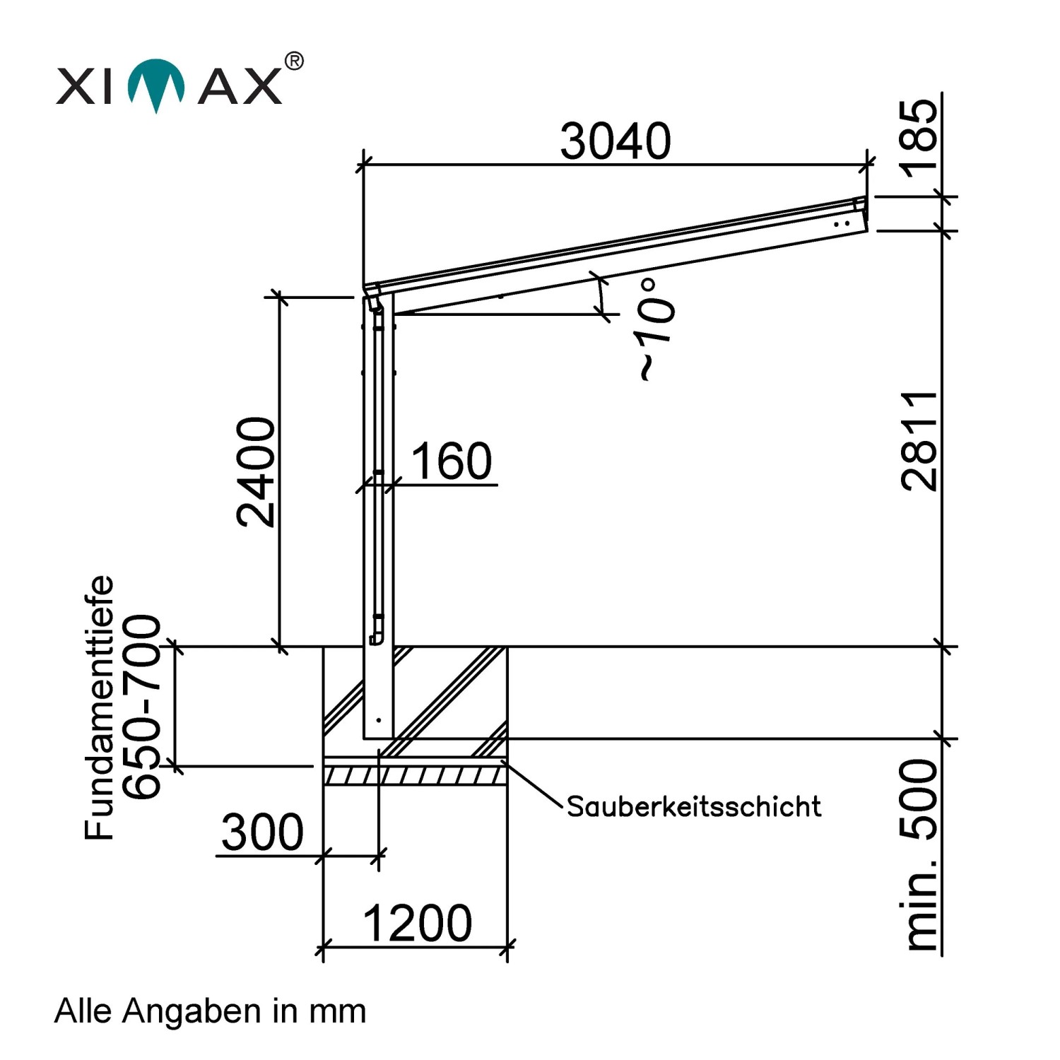 Technische Zeichnung Ximax Alu Carport Linea Typ 60: Maße und Fundamentdetails.