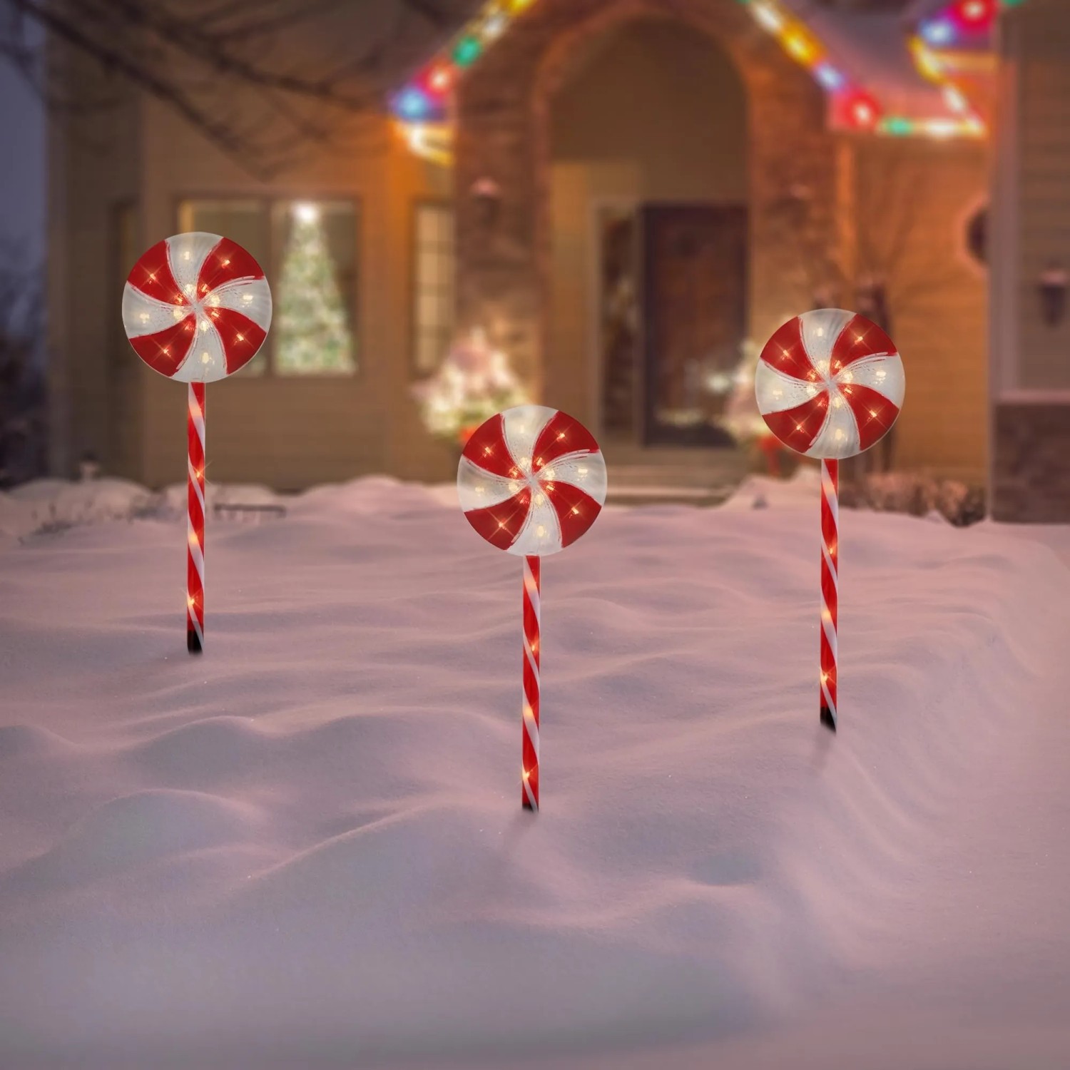 3er Set LED Lollipop-Weihnachtsdeko für außen, 60 LEDs, 3m, 8 Modi, rot-weiß