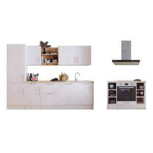 Respekta Landhaus Inselküche Anton 280 cm in Lärche Weiß mit E-Geräten und Spüle.