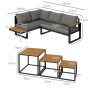 Outsunny Garten Lounge Set, dunkelgraues Sofa mit 3 Couchtischen in abgestufter Größe.