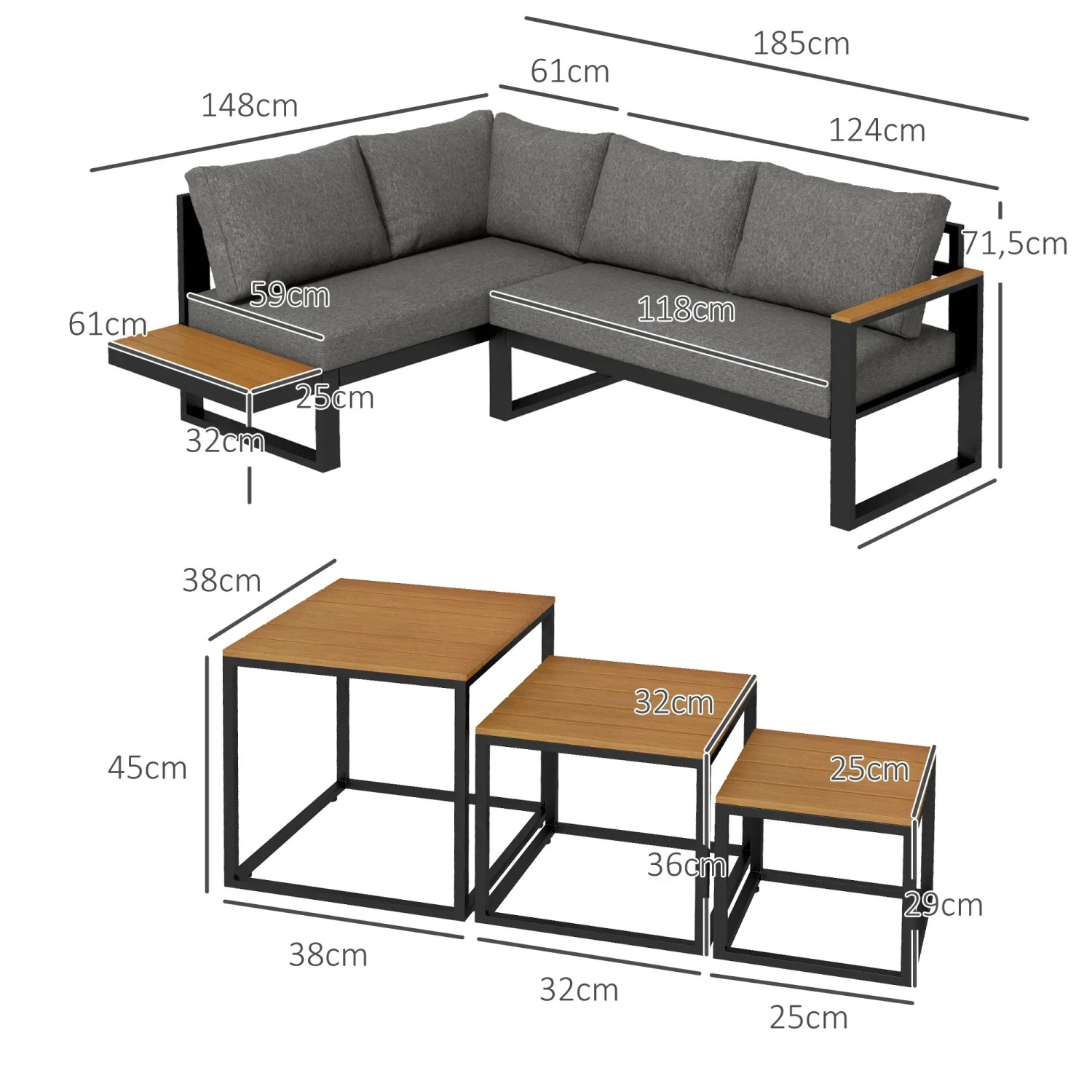 Outsunny Garten Lounge Set, dunkelgraues Sofa mit 3 Couchtischen in abgestufter Größe.