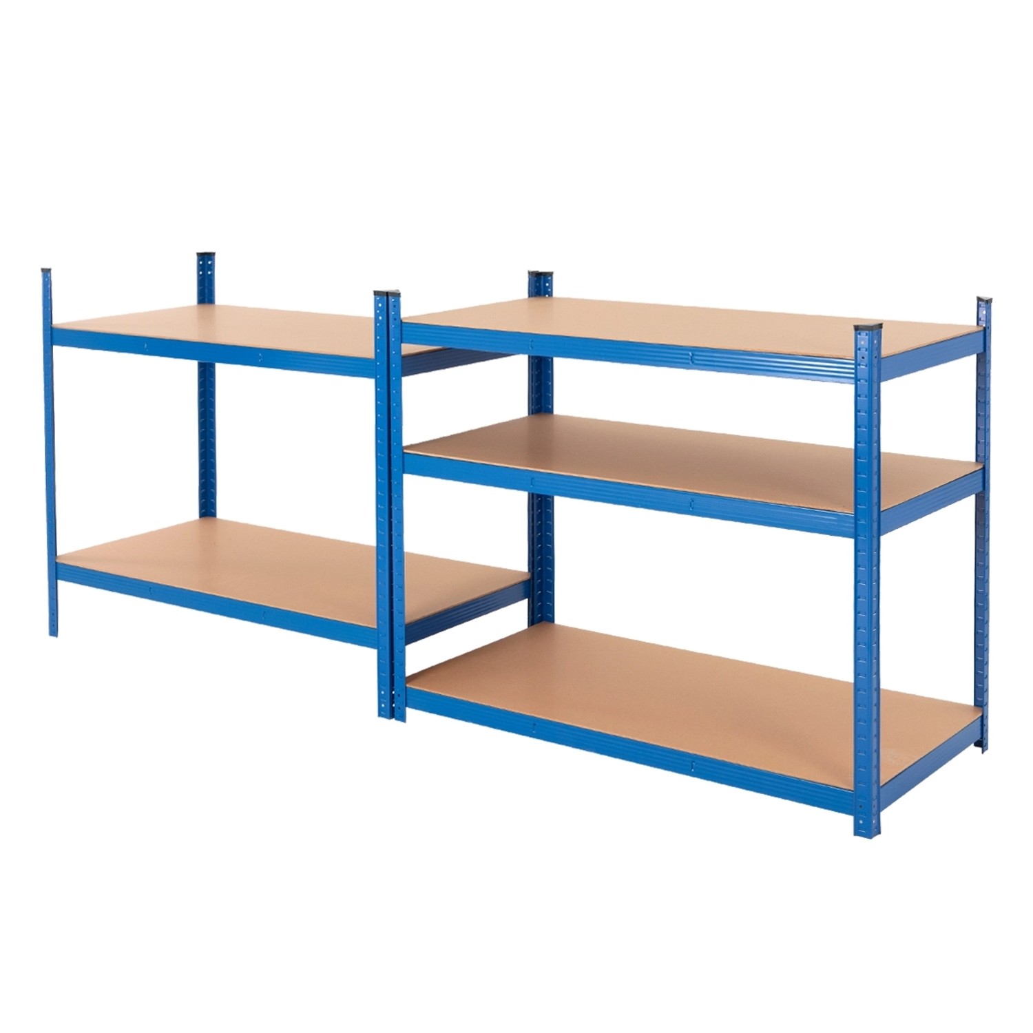 Blaues ECD Germany Werkstattregal aus Metall mit 5 MDF-Böden, als Werkbank aufgebaut.