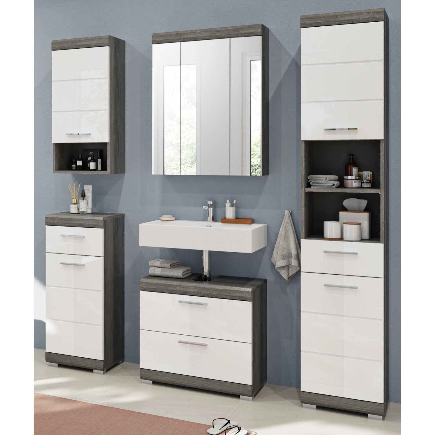 Inn.Furn Badmöbel-Set Weiß Hochglanz Grau 5-teilig 164 cm 20 Fächer Shawn günstig online kaufen