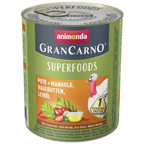 Animonda Gran Carno Superfoods Hunde-Nassfutter mit Pute, Mangold, Hagebutte und Leinöl, 800g Dose.