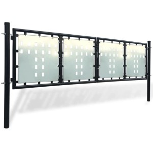 Schwarzes vidaXL Zauntor Einzeltor, 300x125 cm, pulverbeschichteter Stahl mit Lochmuster.