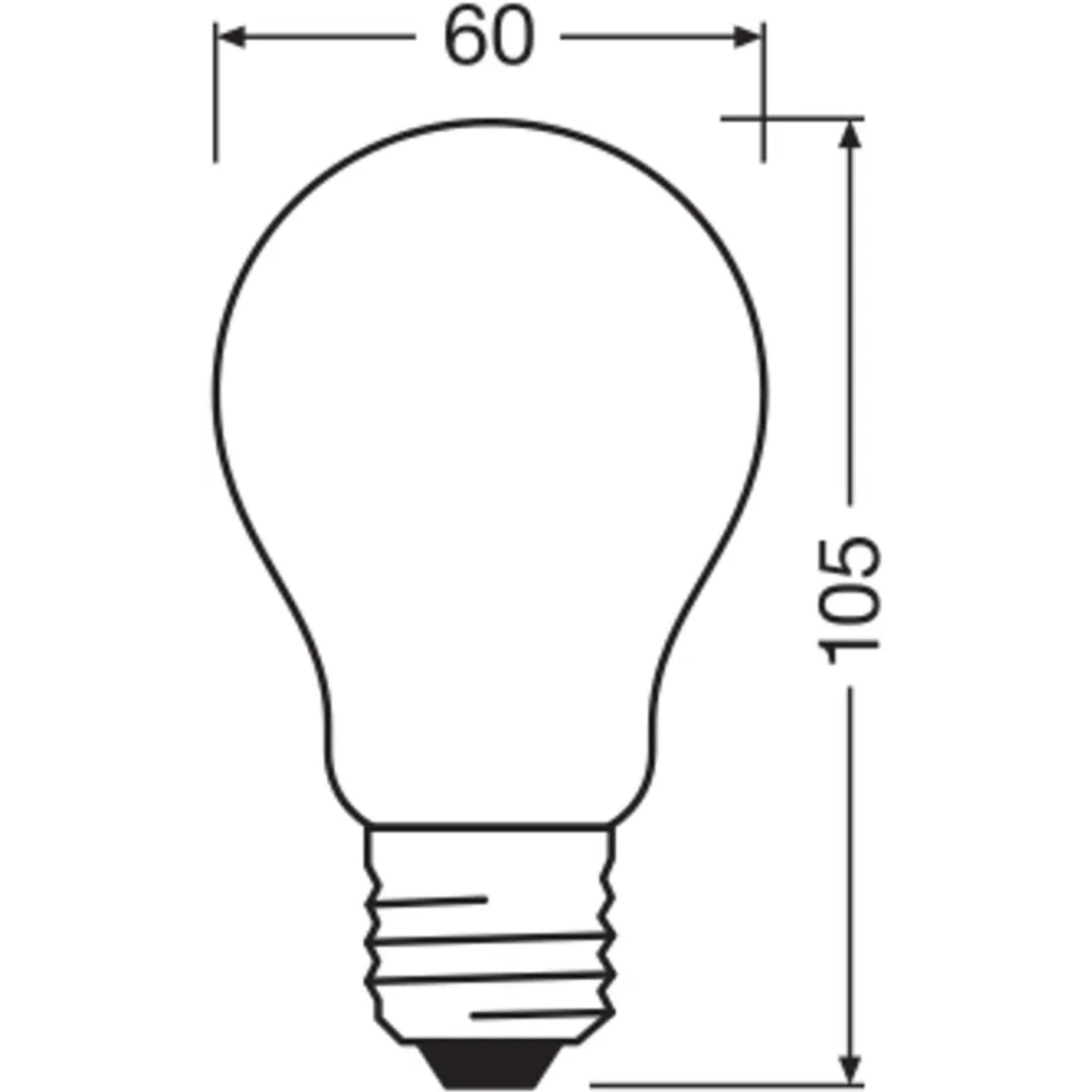 Abbildung einer Osram LED Lampe E27, 3,8W, kaltweiß, mit Maßangaben 60x105mm.