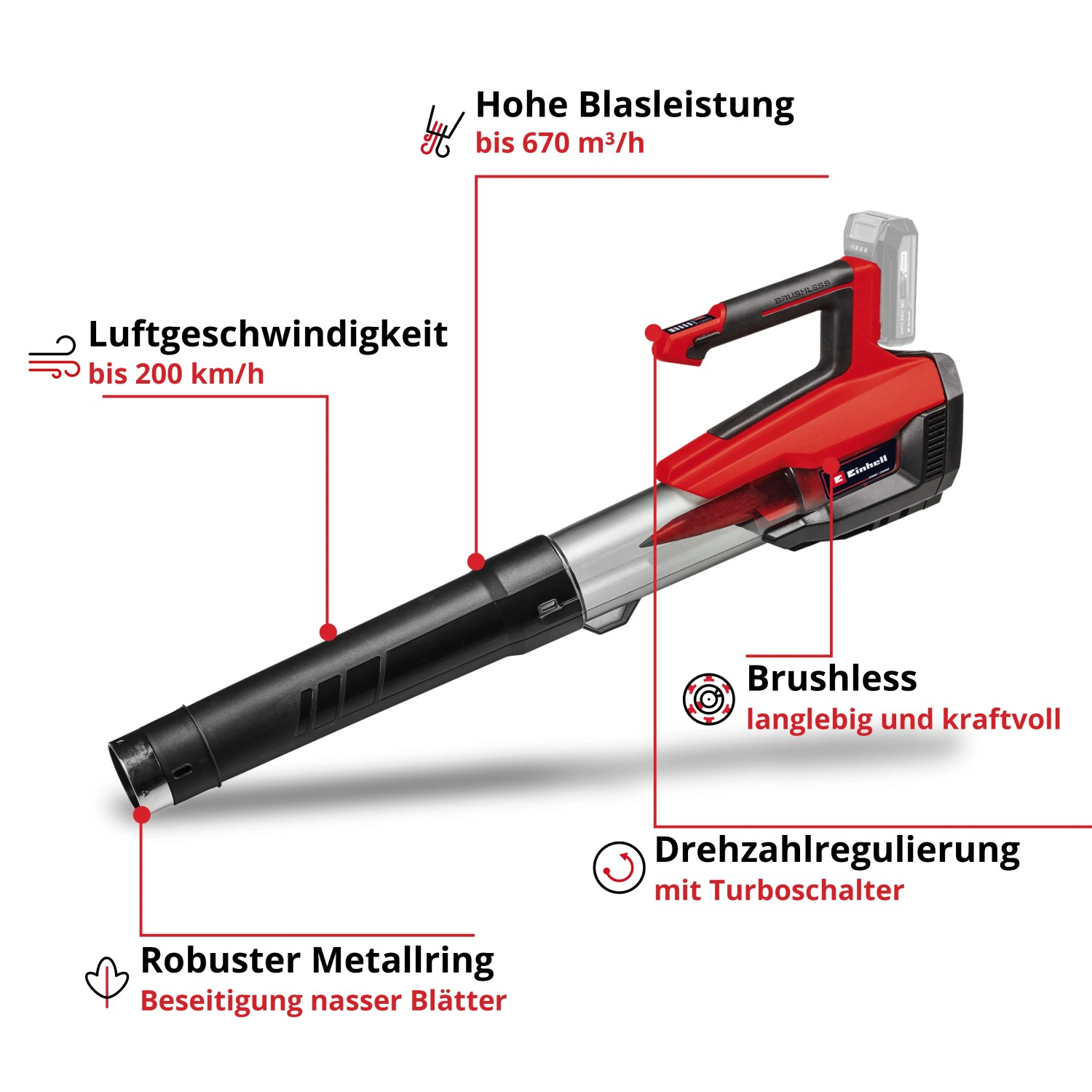 Einhell Akku-Laubbläser GP-LB 18/200 Li GK-Solo: Roter Laubbläser mit Blasrohr und Akku der Power X-Change Familie.