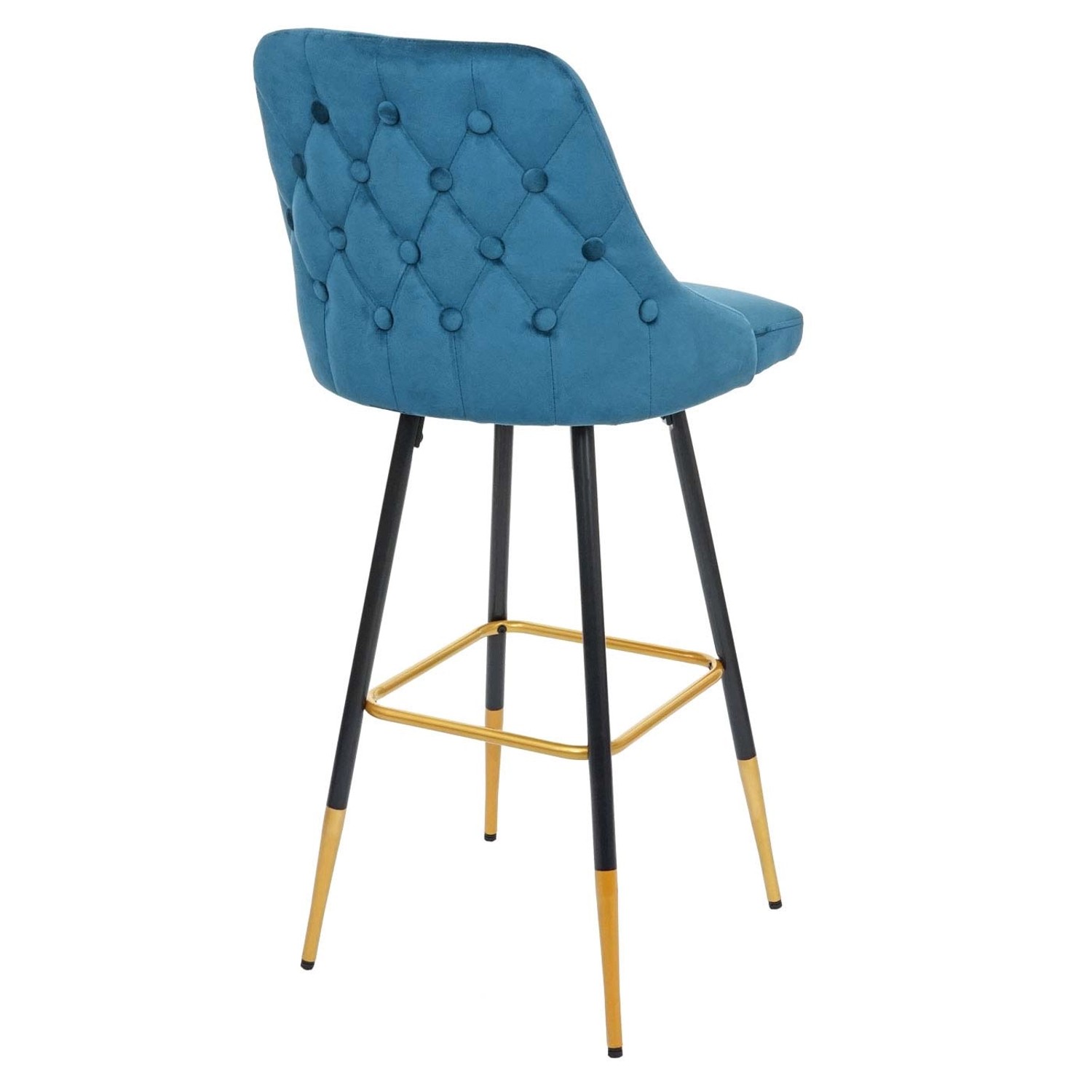 2er-Set Barhocker E70 in Petrol-Blau mit Samtbezug, Knopfsteppung und goldenen Akzenten.