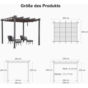 Purple Leaf Aluminium Pavillon 300x300x245 cm mit Schiebedach, anthrazit. Ansicht mit Möbeln und Maßangaben.