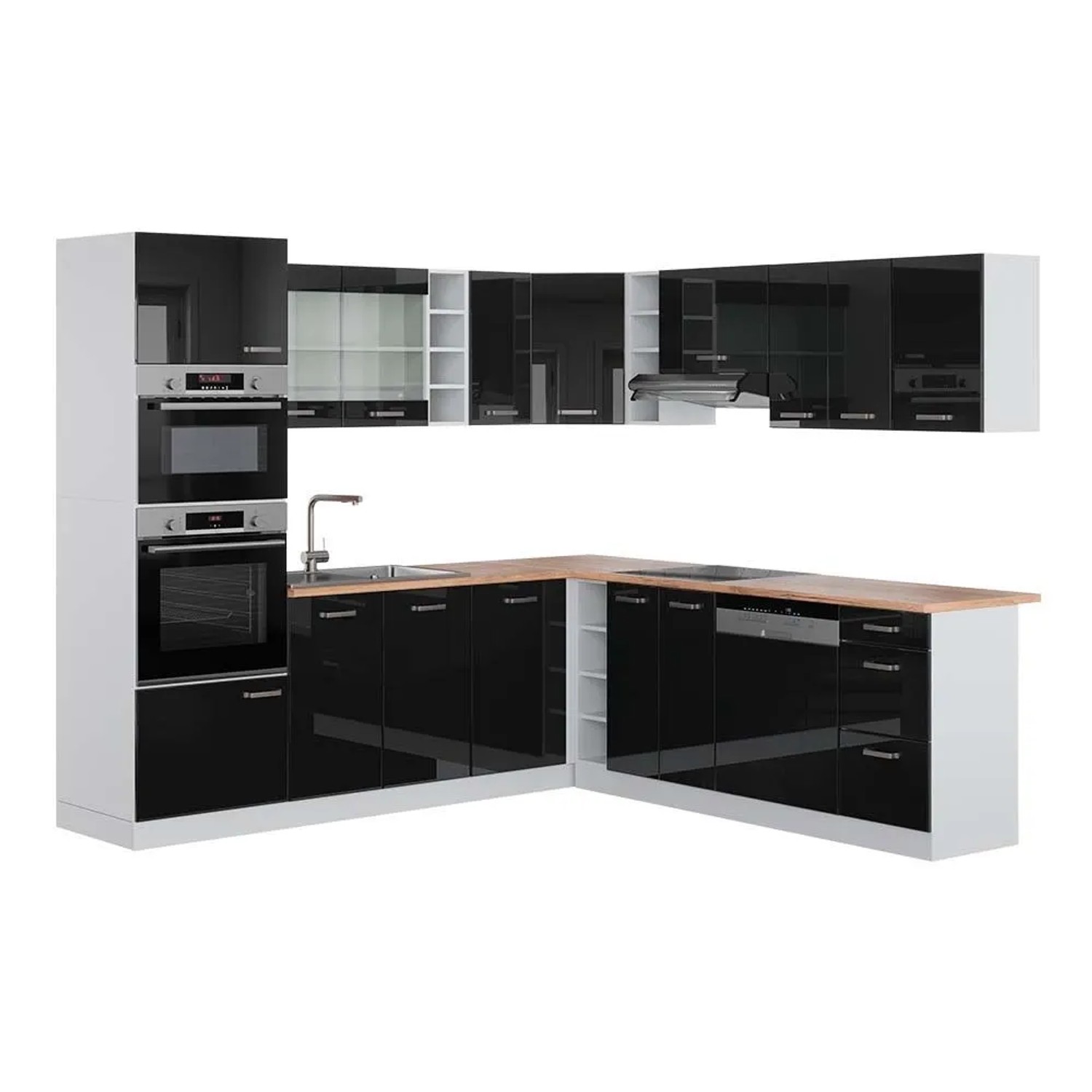 Vicco Eckküche R-Line Schwarz Hochglanz/Weiß 247 x 82, AP Eiche
