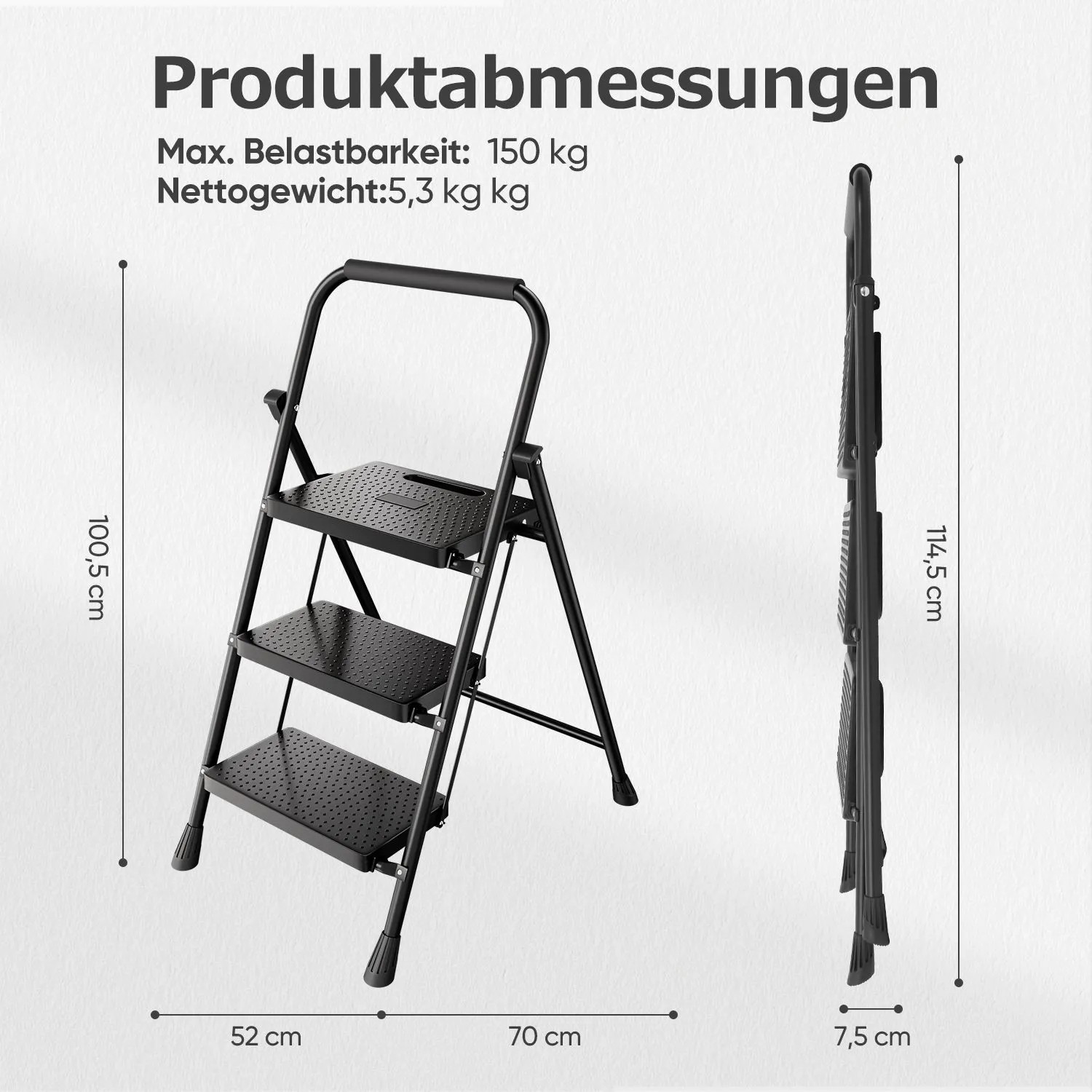 Schwarzer Sekey Klapptritt, 3 Stufen, faltbar, mit rutschfesten Trittstufen. Maße ausgeklappt/zusammengeklappt. Max. 150 kg.