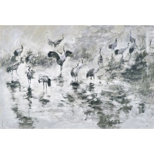 Bricoflor Vlies Fototapete mit Kranich Motiv, gemalt im Gemälde Stil in Grau und Weiß.