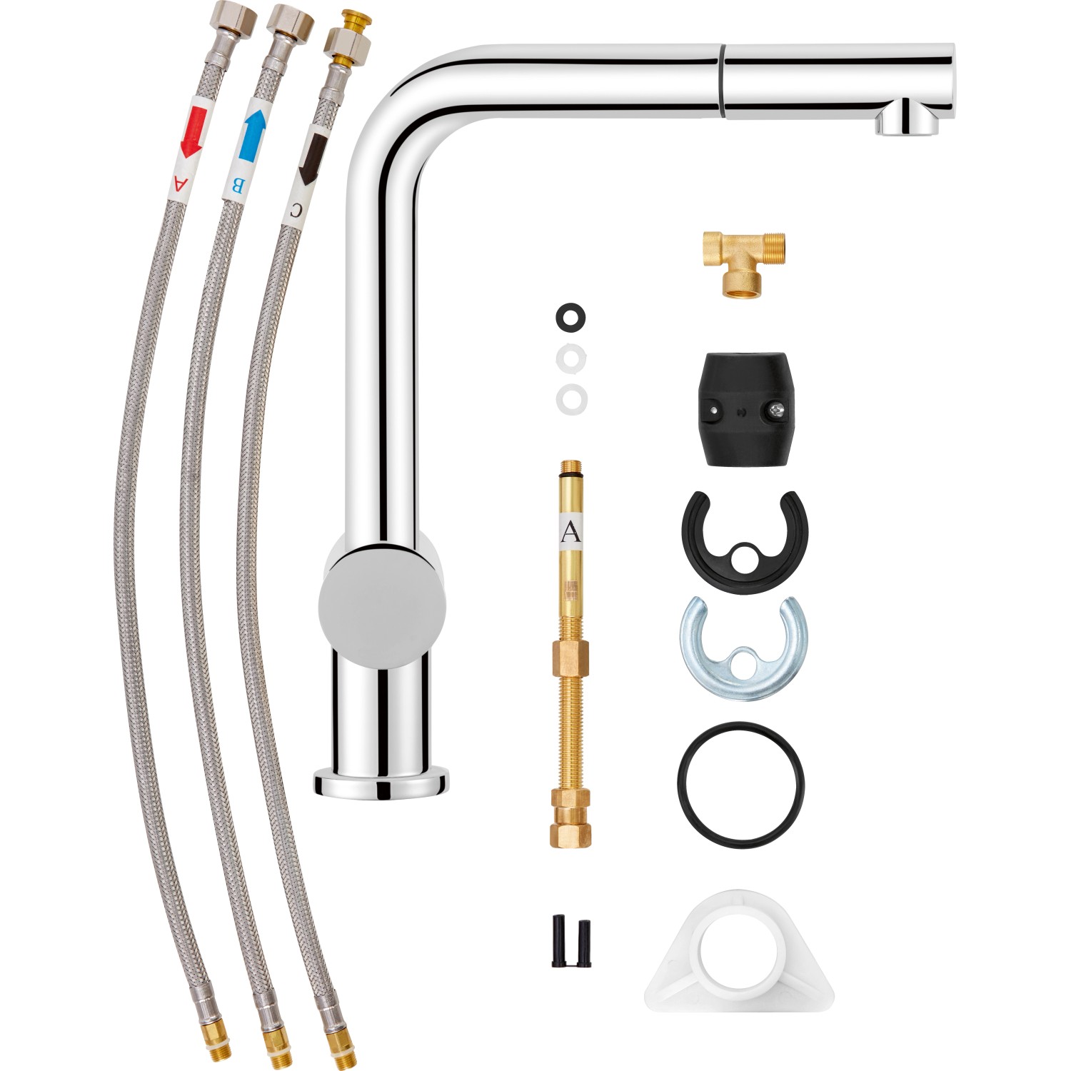 baliv Niederdruck Küchenarmatur KI-1050 N Chrom mit Zubehör und Anschlussschläuchen.