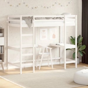 vidaXL Hochbett mit Schreibtisch Weiß 90x190 cm Massivholz Kiefer 842859