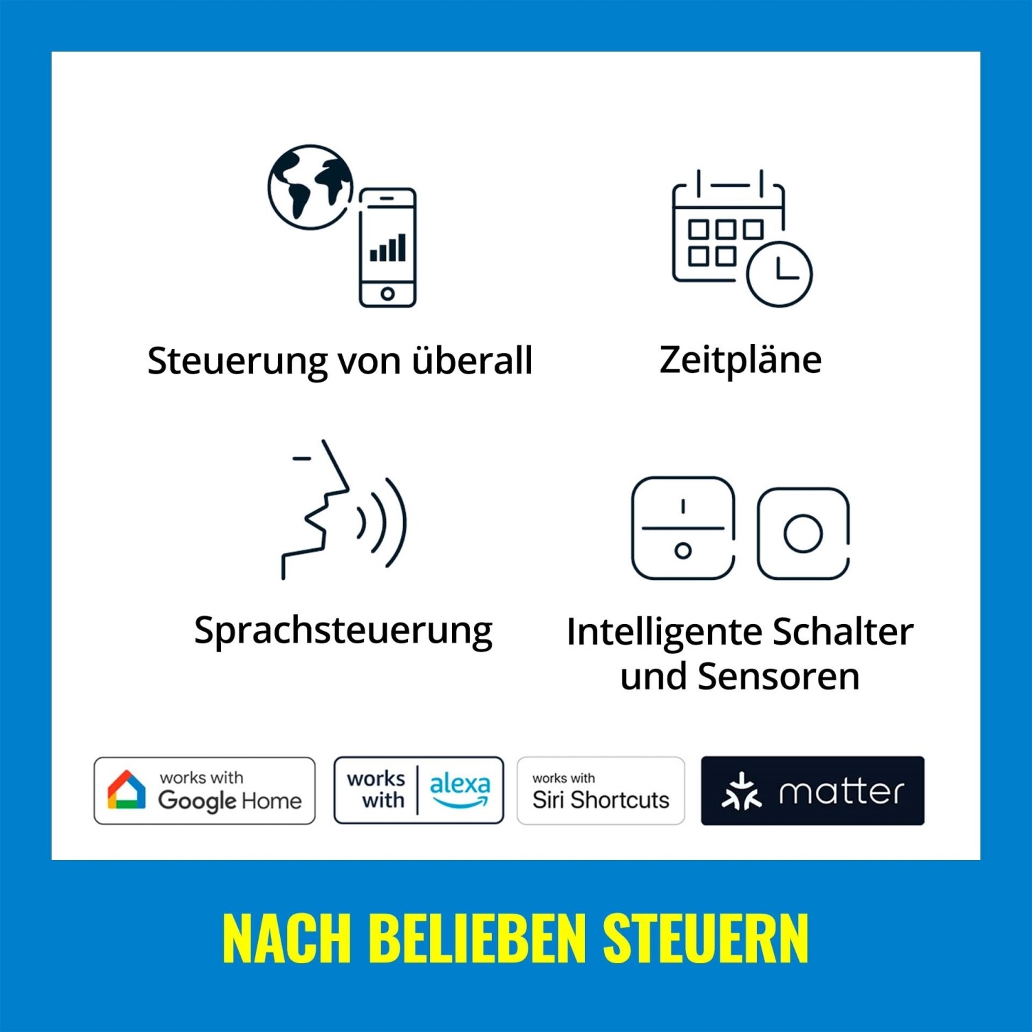 Funktionen des Philips Smart LED-Leuchtmittel: Steuerung, Zeitpläne, Sprachsteuerung und intelligente Schalter.