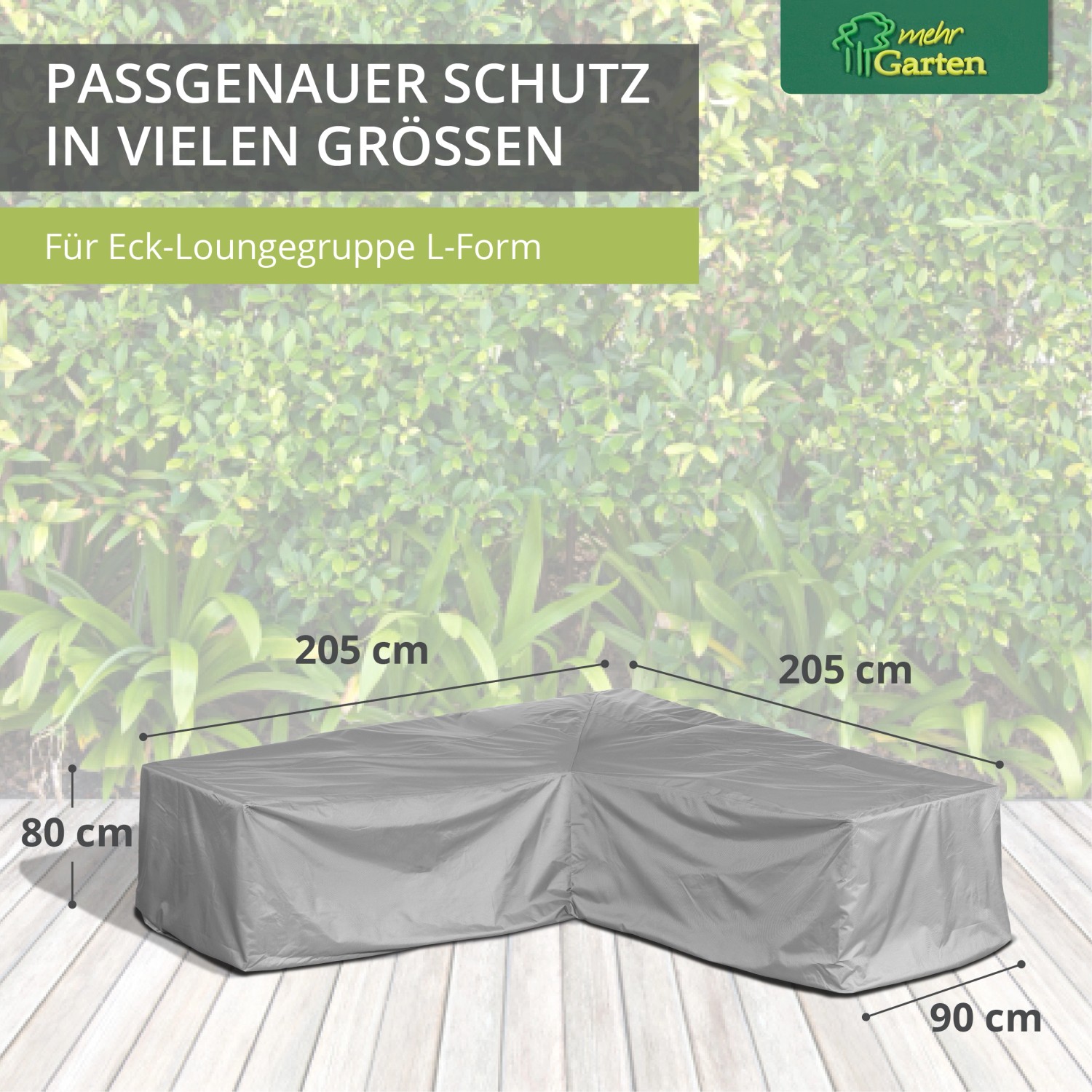 Graue Schutzhülle für L-förmige Loungegruppe, wasserdicht und atmungsaktiv, mit Maßangaben.
