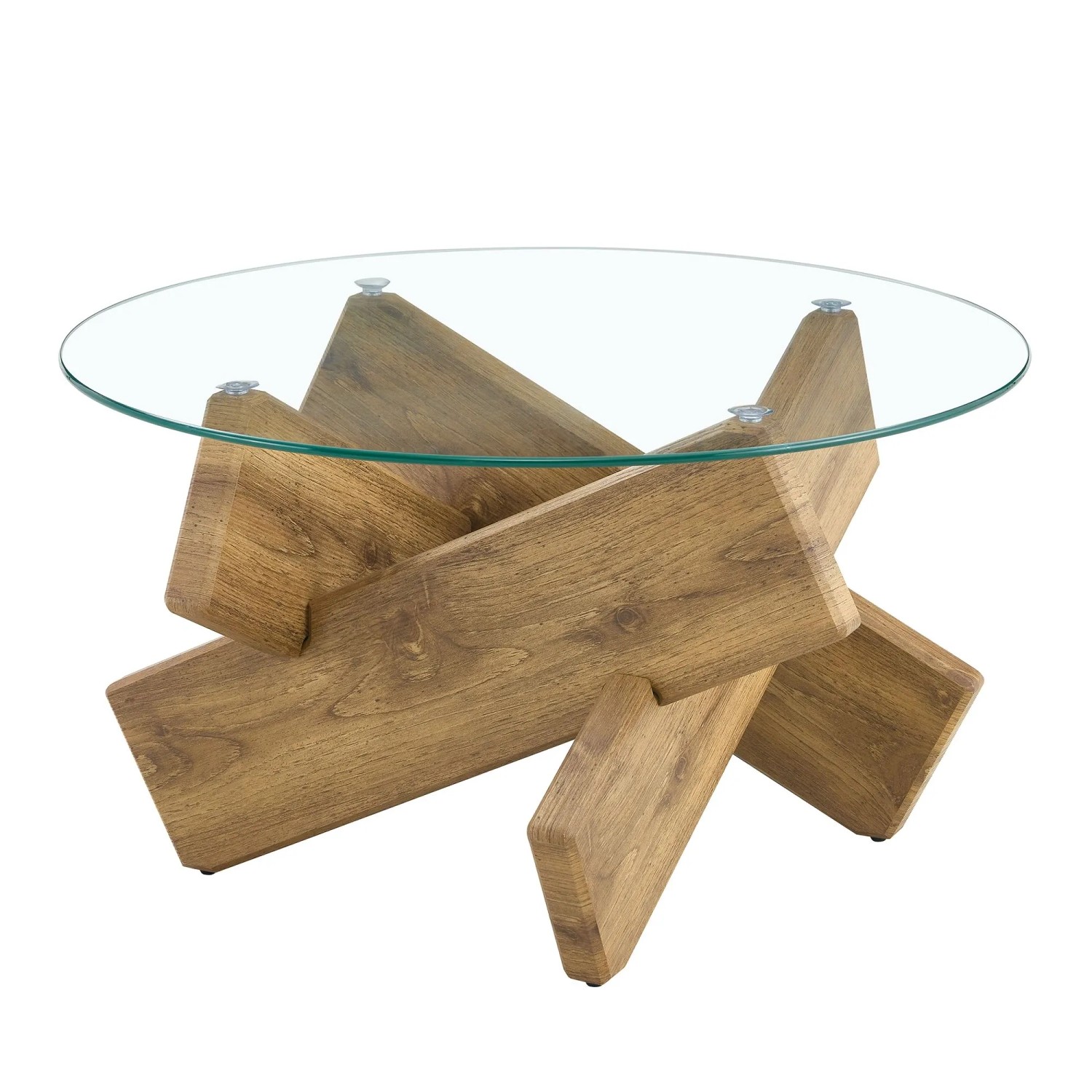 okwish Couchtisch mit Glasplatte und Kreuzgestell für Wohnzimmer 79x79x45cm Natur