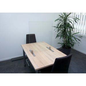Hygiene Schutzglas Set 70x60 cm mit Edelstahl Standfüßen auf Tisch, Spuckschutz für Büro und Gewerbe.