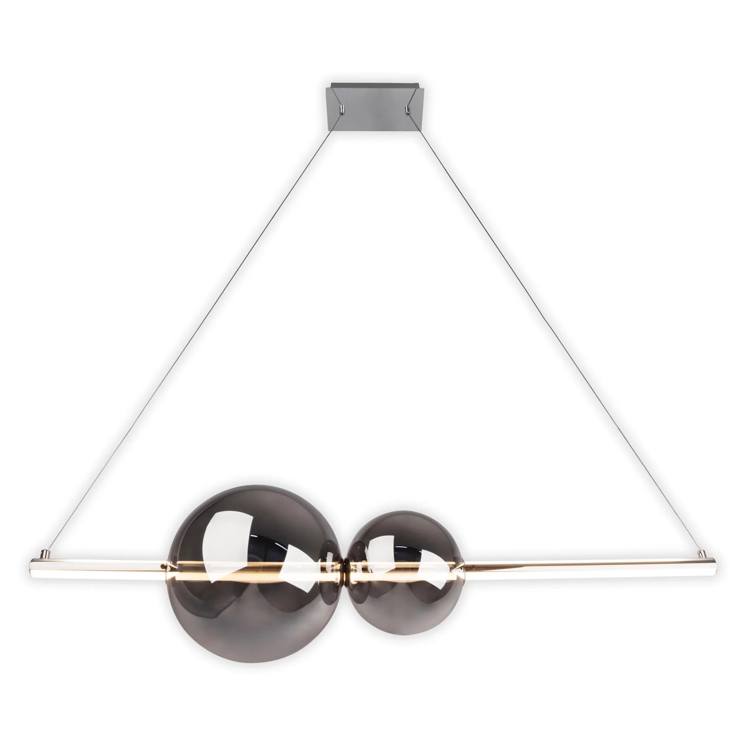 Moderne LED-Pendelleuchte Nova Chrome mit Rauchglaskugeln, dimmbar und asymmetrisch.