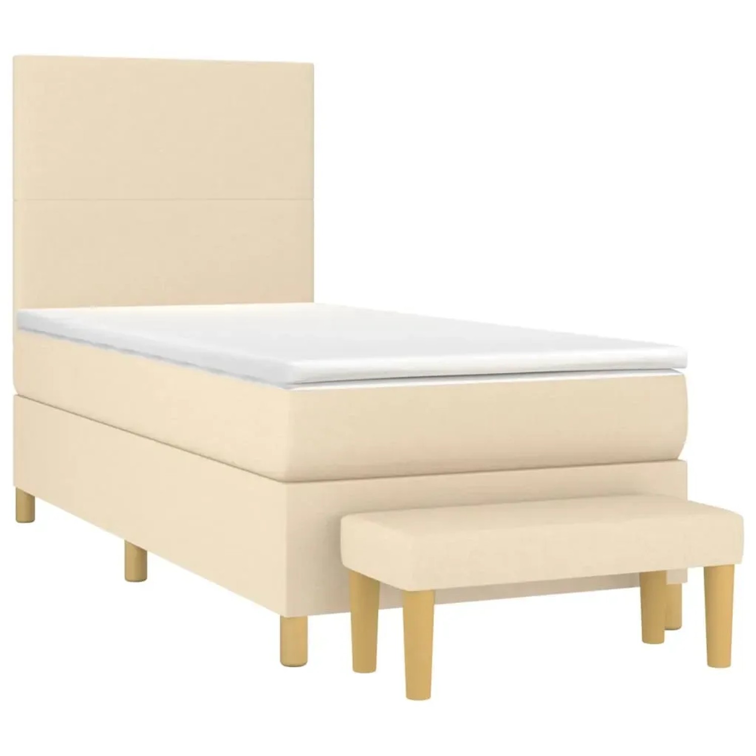 Cremefarbenes Boxspringbett 90x190 cm mit Matratze und Bank, Stoffbezug.
