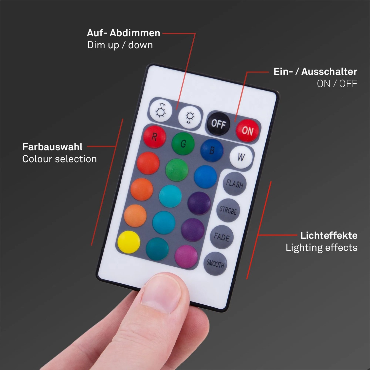 Fernbedienung für Brilo LED-Strip: Dimmfunktion, Farbwechsel, Lichteffekte, Ein/Aus-Schalter.