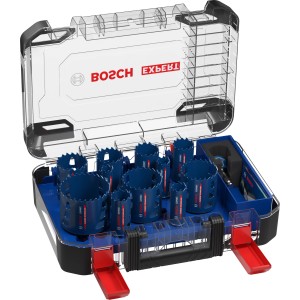 Bosch Expert Lochsägen-Set, 14-teilig, verschiedene Größen in transparentem Koffer.