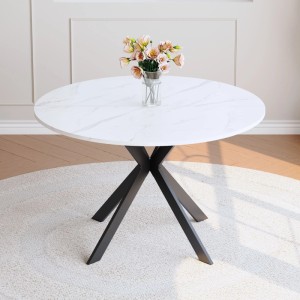 Runder Esstisch mit weißer MDF-Tischplatte in Marmoroptik und schwarzem X-Metallgestell. Ideal für Küche & Wohnzimmer.