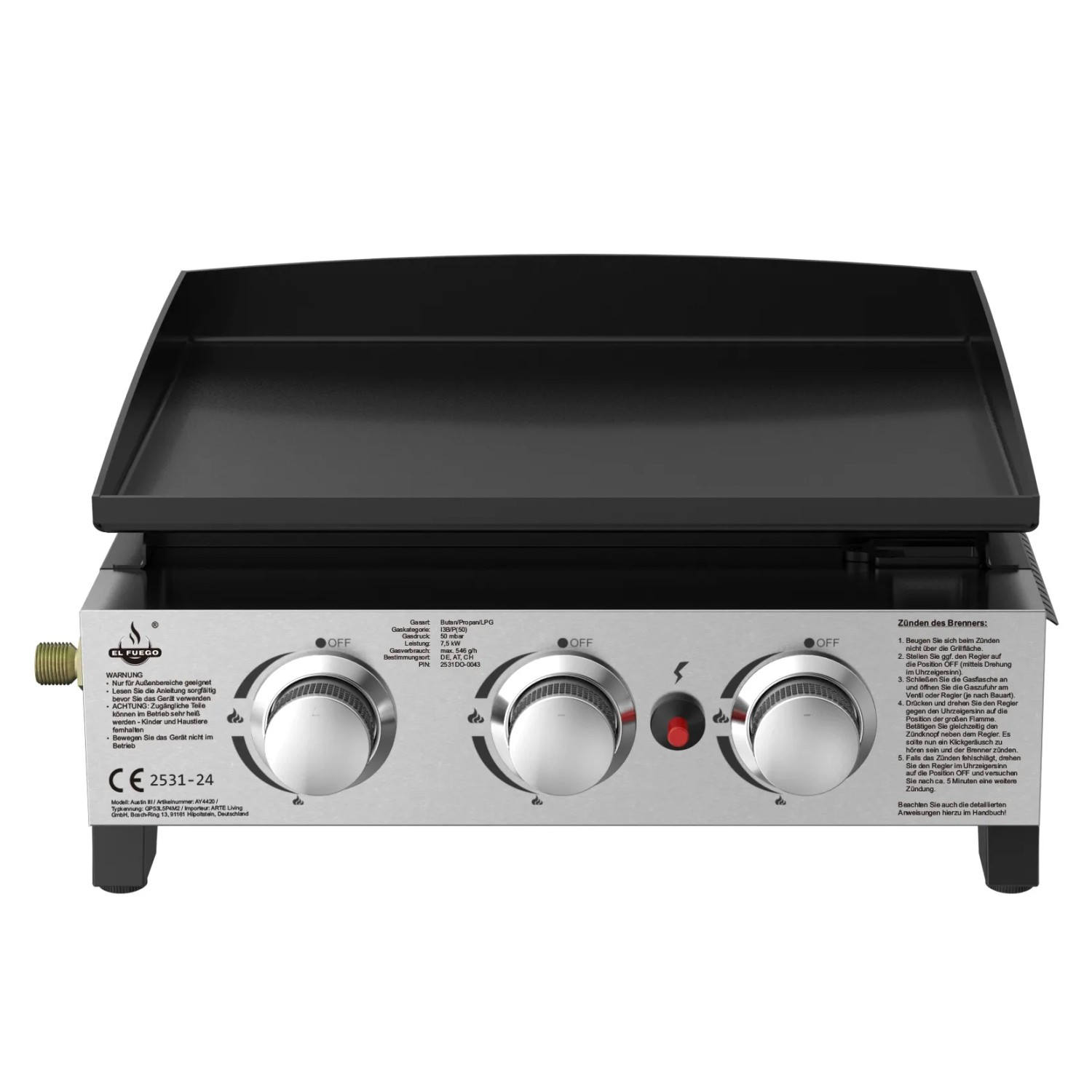 El Fuego Plancha Austin III Gasgrill mit emaillierter Gussplatte und drei Reglern.