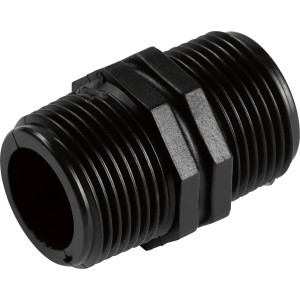 Schwarzer Doppelnippel 26,4 mm (R 3/4) aus Kunststoff für Kaltwassersysteme.