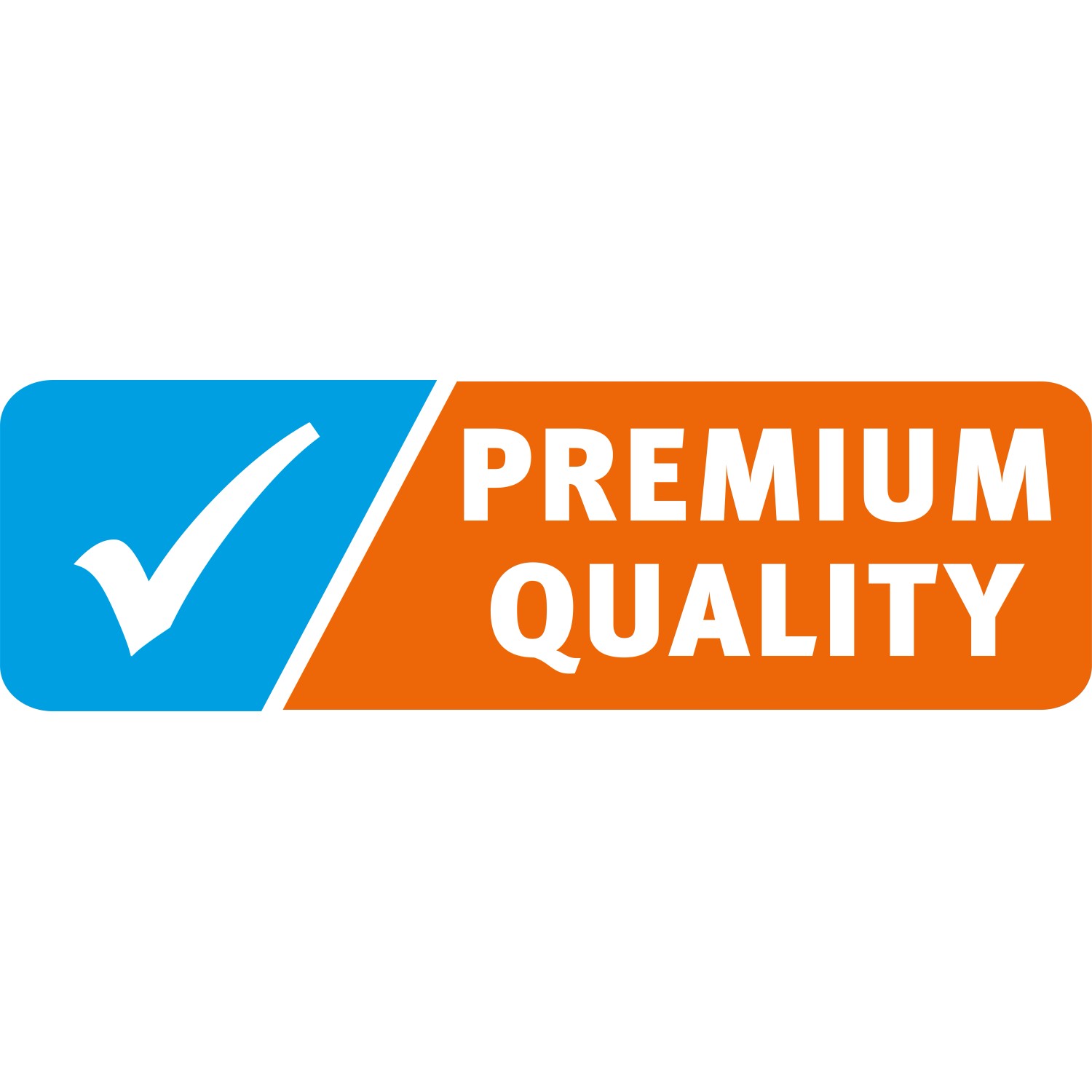 Symbol für Premium Qualität mit Haken in blau und Schriftzug in weiß auf orangenem Grund.