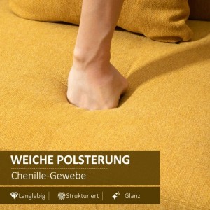 Hand drückt in weiche, gelbe Chenille-Polsterung des HOMCOM 2 Sitzer Sofas. Zeigt Komfort und Stoffqualität.