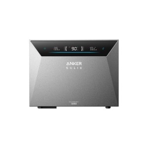 Graue Anker Solix Solarbank 4 E5000 Pro mit Display, zeigt 90% Ladung. Modernes Design für Balkonkraftwerke.
