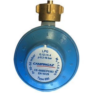 Verstellbarer Gasregler 30-50 mbar für Camping, blau mit goldenem Drehknopf.