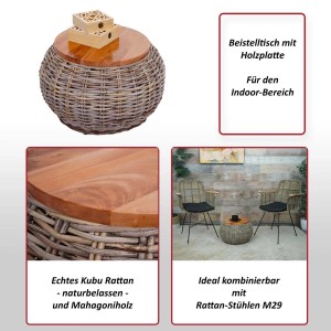 MCW Beistelltisch M30: Runder Wohnzimmertisch aus Kubu Rattan mit Mahagoni-Holzplatte.