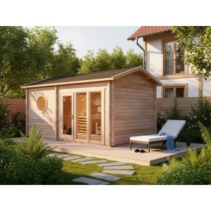 Finntherm Gartensauna Genf-70 aus Fichtenholz mit Panoramafenster und Satteldach.