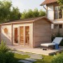 Finntherm Gartensauna Genf-70 aus Fichtenholz mit Panoramafenster und Satteldach.