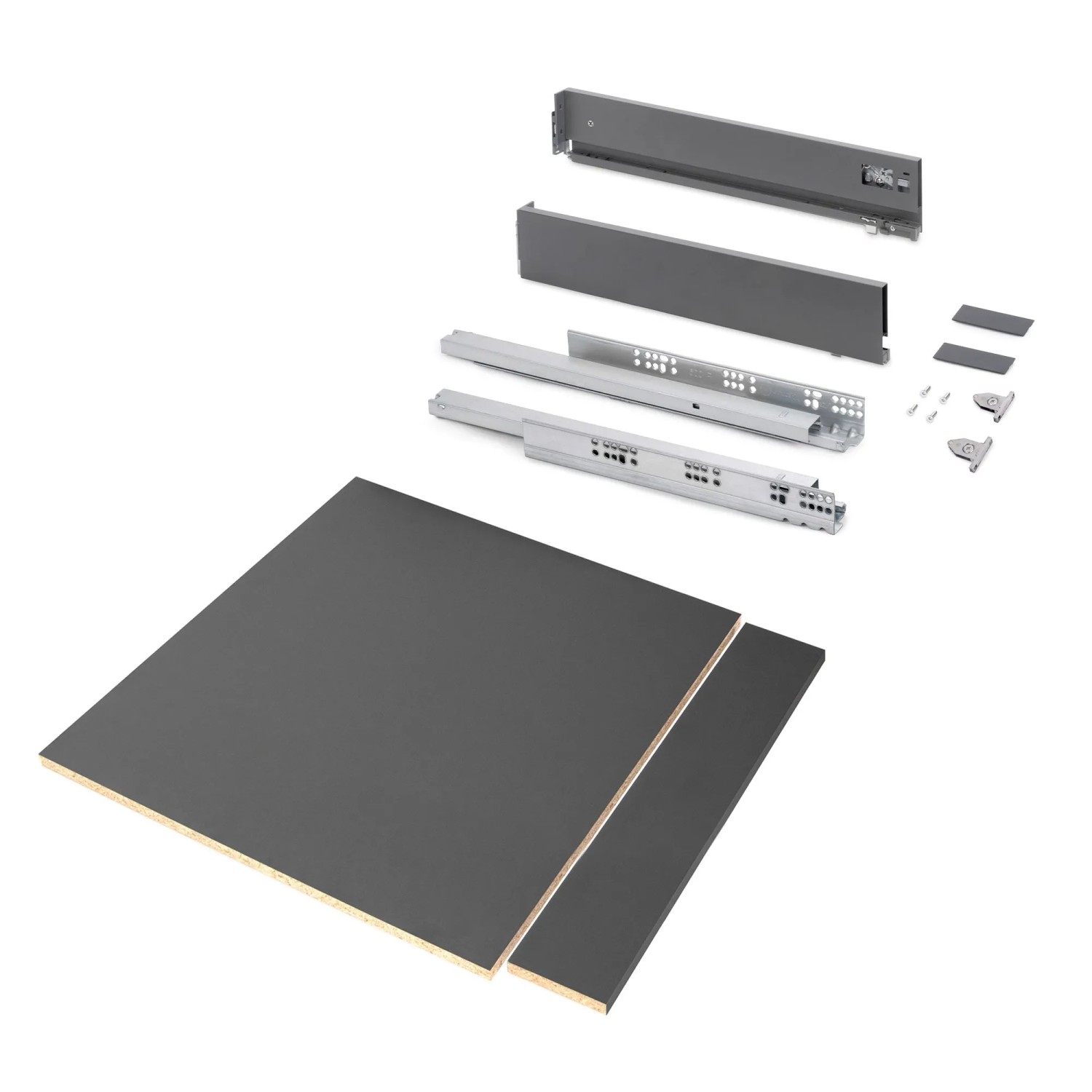 Emuca Schubladegarnitur Vertex für Küche oder Badezimmer mit 3D Verstellung Höhe 93 mm mit Spanplatten Modul 600 mm Anthrazitgrau