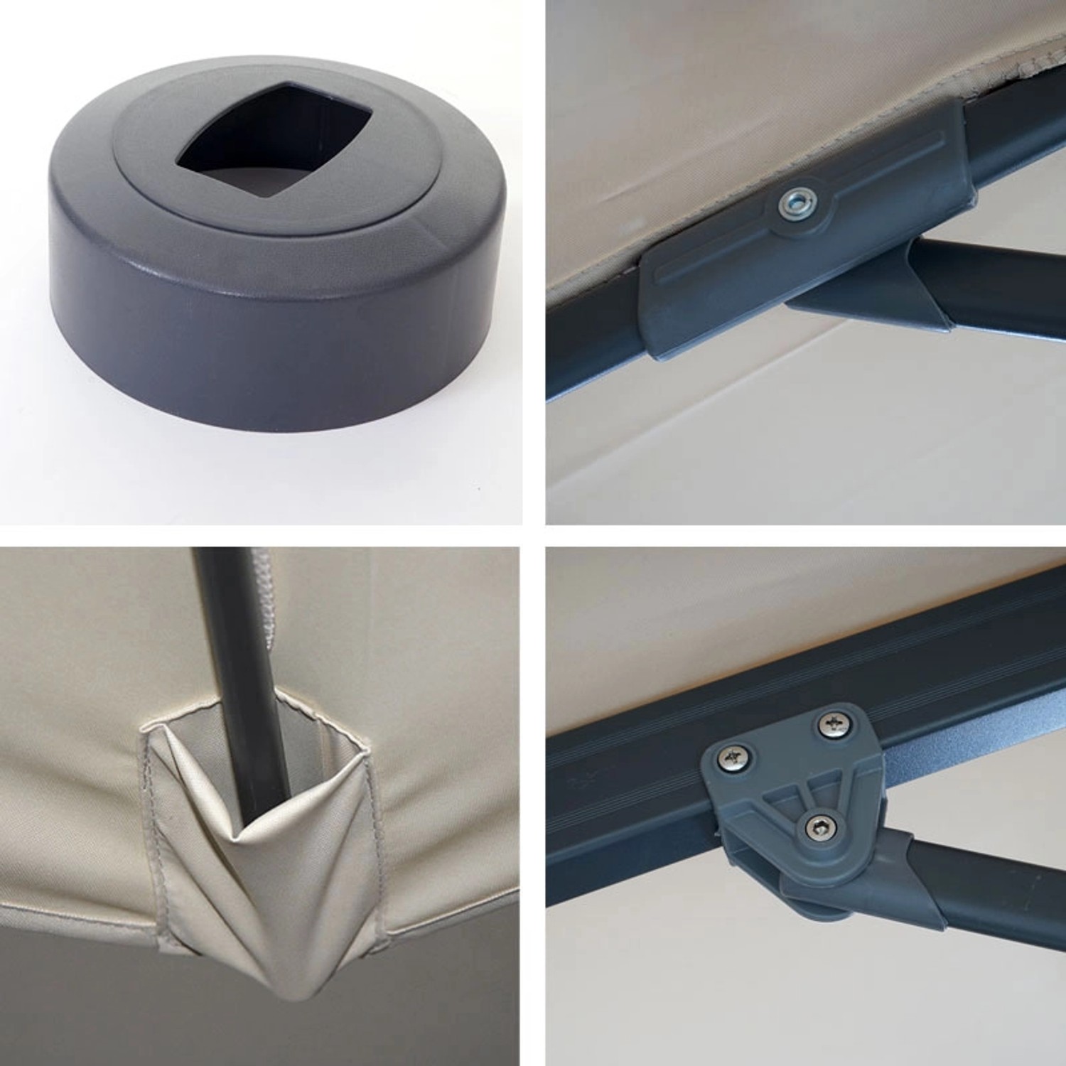 Details des MCW Ampelschirm A96 Ø 3m Creme: Ständerfuß, Verstrebungen und Stoffbefestigung.