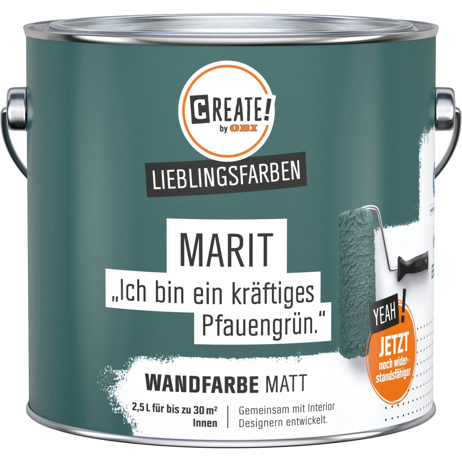 CREATE! by OBI Wandfarbe Marit Pfauengrün, matte Innenfarbe im 2,5 l Eimer.