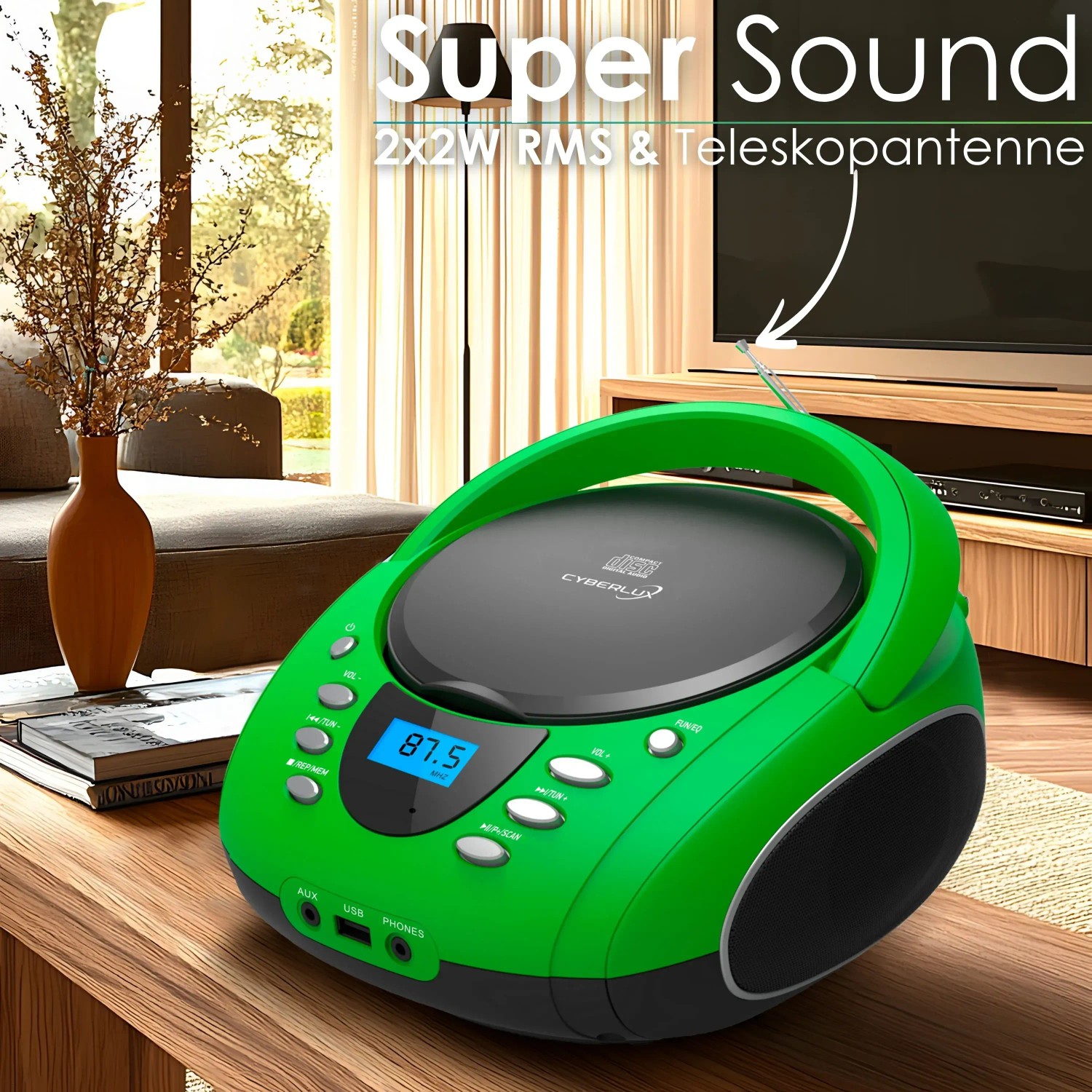 Grüner Cyberlux CL-700 CD/MP3/USB Radio mit Bluetooth, Griff, LCD-Display und Teleskopantenne auf Holztisch.