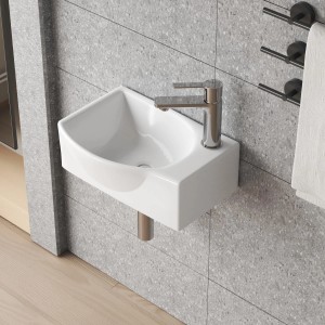 Weißes Aquabatos Handwaschbecken aus Keramik, eckig-oval, mit Hahnloch rechts.