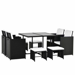 Modernes schwarzes Polyrattan Gartenset mit Tisch, 4 Stühlen und 4 Hockern, weiß gepolstert, platzsparend verstaubar.
