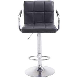 Schwarzer Barhocker mit Lehne, Kunstleder, höhenverstellbar und drehbar.